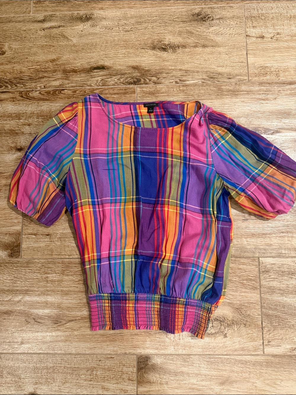 Ann Taylor Multicolor Plaid Puff-Sleeve Blouse